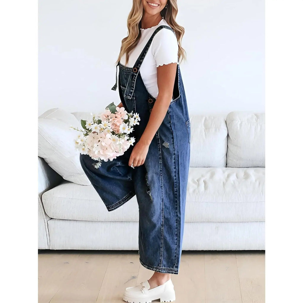 Imily Bela Women'S Casual Denim Overalls Loose Adjustable Strap Distressed Bib Jeans Overall Jumpsuits with Pocket