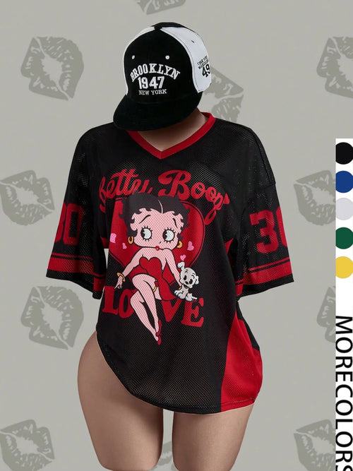 Streetwear Y2K Mesh Breathable American Vintage Doll Print V-Neck Short Sleeve T-Shirt for Women, Loose Oversize Sports Casual Top