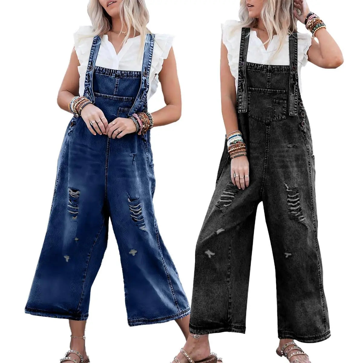 Imily Bela Women'S Casual Denim Overalls Loose Adjustable Strap Distressed Bib Jeans Overall Jumpsuits with Pocket